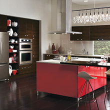 Calvi kitchen with colorful red kitchen island