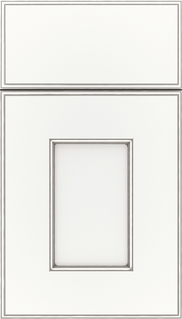 Berkeley Maple flat panel cabinet door in Whitecap with Pewter glaze