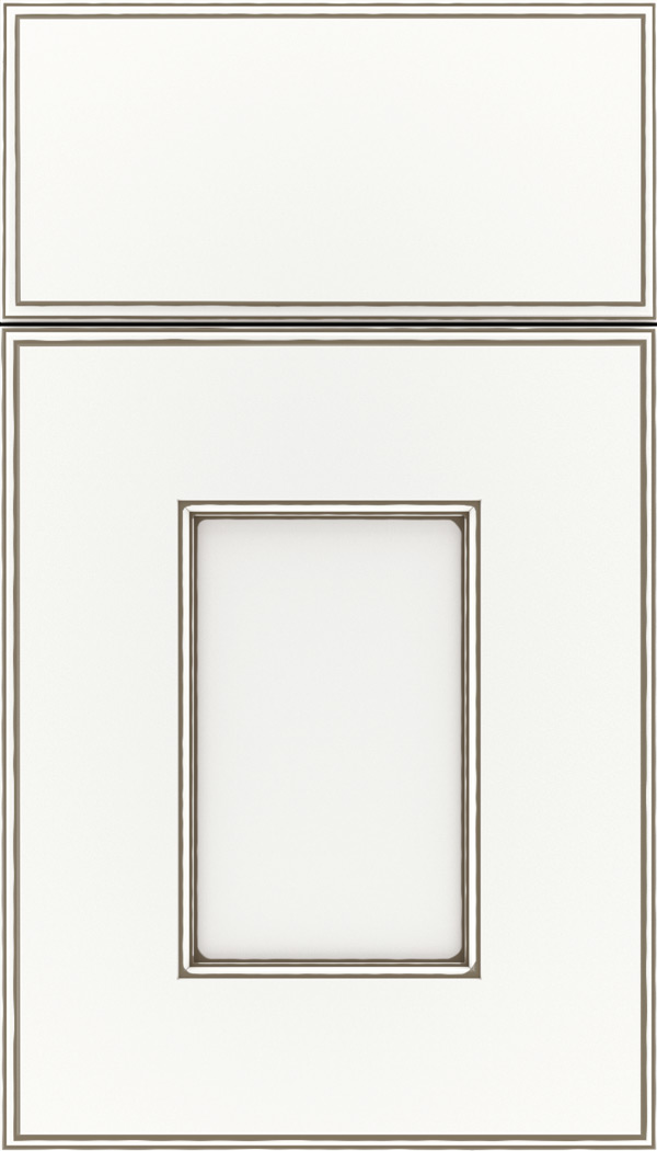 Berkeley Maple flat panel cabinet door in Whitecap with Smoke glaze