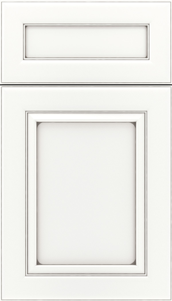 Paloma 5pc Maple flat panel cabinet door in Whitecap with Pewter glaze