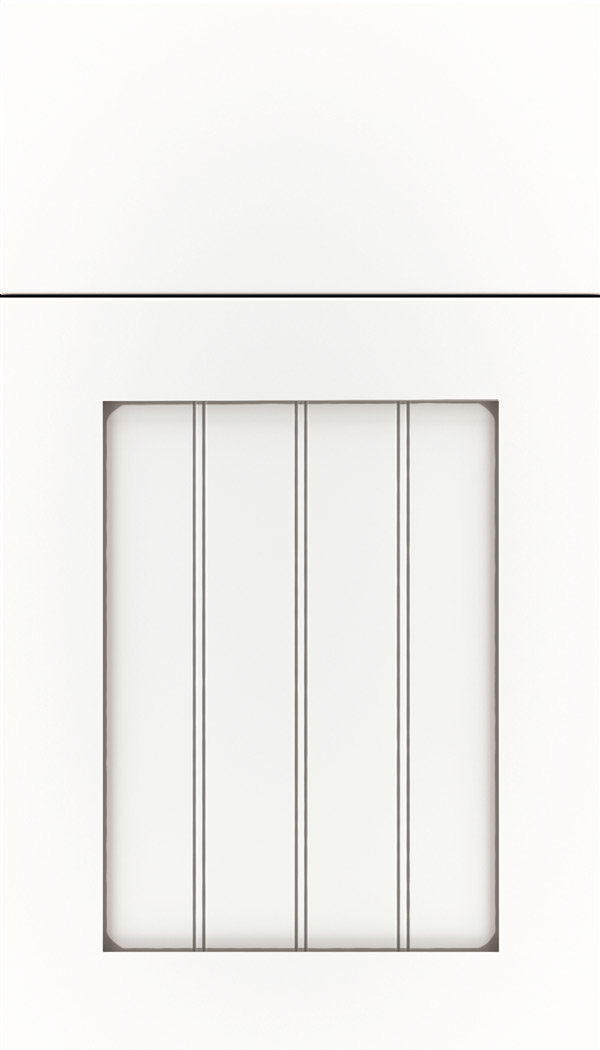 Winfield Maple beadboard cabinet door in Whitecap with Pewter glaze
